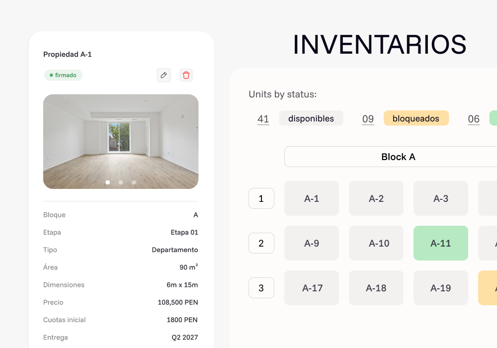Inventario de propiedades organizado por bloque y estado.